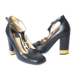 chloe 2007 gray-blue-black leather t-strap pump heels with square toe & gold cap